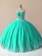 Turquoise Tulle Lace Up Sweetheart Sleeveless Floor Length Quince Ball Gowns Embroidery