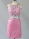 Modern Baby Pink Two Pieces Scoop Sleeveless Lace Mini Length Zipper Beading Prom Dress