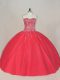 Beauteous Sweetheart Sleeveless 15th Birthday Dress Floor Length Beading Coral Red Tulle
