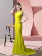 Admirable Yellow Green Short Sleeves Elastic Woven Satin Brush Train Backless for Prom and Party