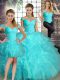 Floor Length Lace Up Sweet 16 Quinceanera Dress Aqua Blue for Military Ball and Sweet 16 and Quinceanera with Beading and Ruffles
