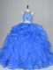 Blue Quince Ball Gowns Organza Court Train Sleeveless Beading and Ruffles