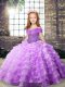 Custom Design Lilac Little Girls Pageant Dress Wholesale Party and Wedding Party with Beading and Ruffled Layers Straps Sleeveless Brush Train Lace Up
