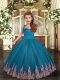 Teal Ball Gowns Appliques and Ruching Kids Pageant Dress Lace Up Tulle Sleeveless Floor Length