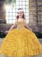 Gold Sleeveless Floor Length Beading and Ruffles Lace Up Kids Formal Wear