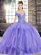 Sleeveless Tulle Floor Length Lace Up Quince Ball Gowns in Lavender with Beading and Ruffles