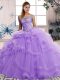 Nice Lavender Ball Gowns Beading and Ruffles Quince Ball Gowns Lace Up Tulle Sleeveless Floor Length