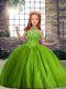 Discount Olive Green Ball Gowns Off The Shoulder Sleeveless Tulle Floor Length Lace Up Beading Little Girl Pageant Dress
