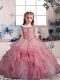 Sleeveless Organza Floor Length Lace Up Little Girl Pageant Gowns in Pink with Beading and Ruffles