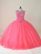 Sleeveless Floor Length Beading Lace Up Ball Gown Prom Dress with Watermelon Red