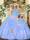 Tulle Halter Top Sleeveless Lace Up Embroidery and Ruffles Quinceanera Dress in Multi-color