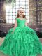Dazzling Turquoise Lace Up Little Girl Pageant Dress Beading and Ruffles Long Sleeves Floor Length
