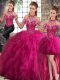 Fuchsia Tulle Lace Up Sweet 16 Dresses Sleeveless Floor Length Beading and Ruffles