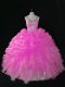 Shining Hot Pink Zipper Straps Beading and Ruffles and Pick Ups Sweet 16 Dresses Organza Sleeveless
