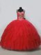 Red Lace Up Straps Beading and Ruffles Quinceanera Gown Tulle Sleeveless