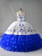 Sleeveless Organza Lace Up Sweet 16 Dress in Royal Blue with Embroidery and Ruffled Layers