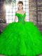 Custom Design Floor Length Lace Up Sweet 16 Dress Green for Military Ball and Sweet 16 and Quinceanera with Beading and Ruffles