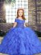 Blue Tulle Lace Up Girls Pageant Dresses Sleeveless Floor Length Beading and Ruffles