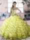 Beautiful Yellow Green Ball Gowns Halter Top Sleeveless Organza Brush Train Lace Up Beading and Ruffled Layers Quince Ball Gowns