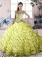 Beautiful Yellow Green Ball Gowns Halter Top Sleeveless Organza Brush Train Lace Up Beading and Ruffled Layers Quince Ball Gowns  Beautiful Yellow Green Ball Gowns Halter Top Sleeveless Organza Brush Train Lace Up Beading and Ruffled Layers Quince Ball Gowns
