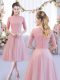 A-line Vestidos de Damas Pink High-neck Tulle Half Sleeves Tea Length Zipper