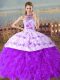 Purple Sleeveless Court Train Embroidery and Ruffles Floor Length Sweet 16 Dresses