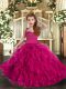 Fuchsia Tulle Lace Up Straps Sleeveless Floor Length Girls Pageant Dresses Ruffles