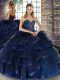 Navy Blue Ball Gowns Tulle Sweetheart Sleeveless Beading and Ruffles Floor Length Lace Up 15th Birthday Dress