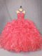 Sleeveless Floor Length Beading and Ruffles Zipper Quinceanera Gown with Coral Red