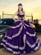 Most Popular Sleeveless Satin and Taffeta Lace Up Quinceanera Gowns in Purple with Embroidery and Ruffled Layers