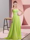 Yellow Green Chiffon Lace Up Homecoming Dress Long Sleeves Floor Length Beading and Ruching  Yellow Green Chiffon Lace Up Homecoming Dress Long Sleeves Floor Length Beading and Ruching