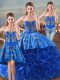 Sweetheart Sleeveless Quinceanera Gown Floor Length Embroidery and Ruffles Royal Blue Fabric With Rolling Flowers