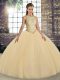 Floor Length Lace Up 15th Birthday Dress Gold for Military Ball and Sweet 16 and Quinceanera with Embroidery