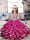 Fuchsia Kids Formal Wear Party and Military Ball and Wedding Party with Beading and Ruffles Scoop Sleeveless Lace Up