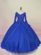 Long Sleeves Lace and Appliques Lace Up Ball Gown Prom Dress with Royal Blue