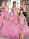 Cute Rose Pink Ball Gowns Tulle Scoop Sleeveless Lace and Embroidery and Ruffles Floor Length Lace Up Quinceanera Gowns
