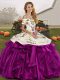 Sleeveless Organza Floor Length Lace Up Quinceanera Gown in White And Purple with Embroidery and Ruffles