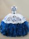 Blue And White Ball Gowns Halter Top Sleeveless Organza Floor Length Lace Up Embroidery and Ruffles Sweet 16 Quinceanera Dress