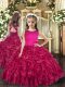 Fuchsia Ball Gowns Ruffles Evening Gowns Lace Up Organza Sleeveless Floor Length