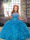 Most Popular Teal Ball Gowns High-neck Sleeveless Tulle Floor Length Lace Up Beading and Ruffles Little Girl Pageant Gowns
