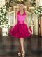 New Arrival Tulle Halter Top Sleeveless Lace Up Ruffles Dress for Prom in Fuchsia