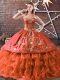 Custom Design Rust Red Satin and Organza Lace Up Ball Gown Prom Dress Sleeveless Floor Length Embroidery and Ruffled Layers