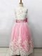 Pink And White Lace Up Flower Girl Dress Beading and Lace and Bowknot Sleeveless Floor Length