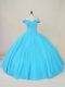 Blue Ball Gowns Beading Quinceanera Gowns Lace Up Tulle Sleeveless Floor Length