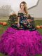 Smart Floor Length Lace Up Sweet 16 Dress Fuchsia for Military Ball and Sweet 16 and Quinceanera with Embroidery and Ruffles