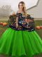 Green Lace Up Off The Shoulder Embroidery Quinceanera Gowns Tulle Sleeveless