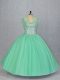 Fitting Sleeveless Floor Length Beading Lace Up Quince Ball Gowns with Apple Green