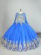 High-neck Long Sleeves Lace Up 15th Birthday Dress Blue Tulle