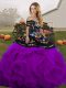 Black And Purple Ball Gowns Tulle Off The Shoulder Sleeveless Embroidery and Ruffles Floor Length Lace Up Quince Ball Gowns