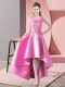 Custom Design Rose Pink A-line Satin Scoop Sleeveless Lace High Low Zipper Vestidos de Damas